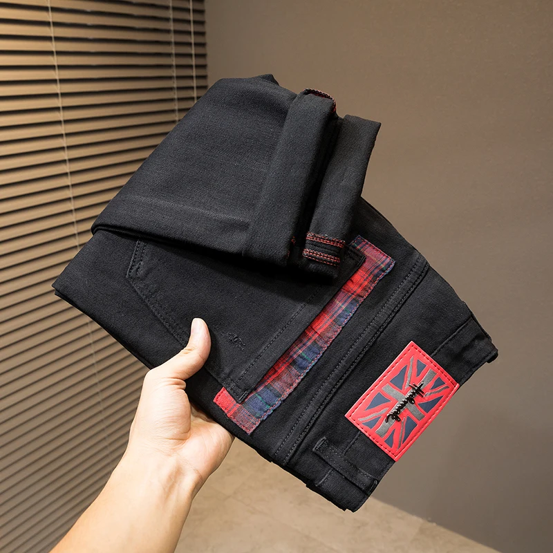 Tide light luxury new MEN'S jeans splicing patch slim straight heavy embroidery plump handsome personality elastic casual denim