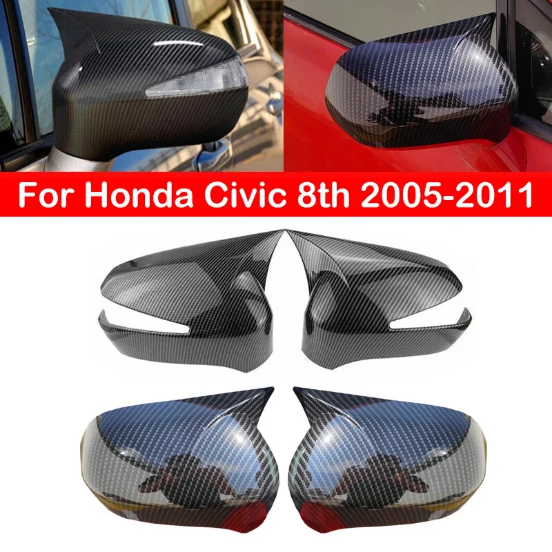 

For Honda Civic 8th 2005-2011 Car Rearview Side Mirror Cover Wing Cap Sticker Door Rear View Case Trim Carbon Fiber Look Black