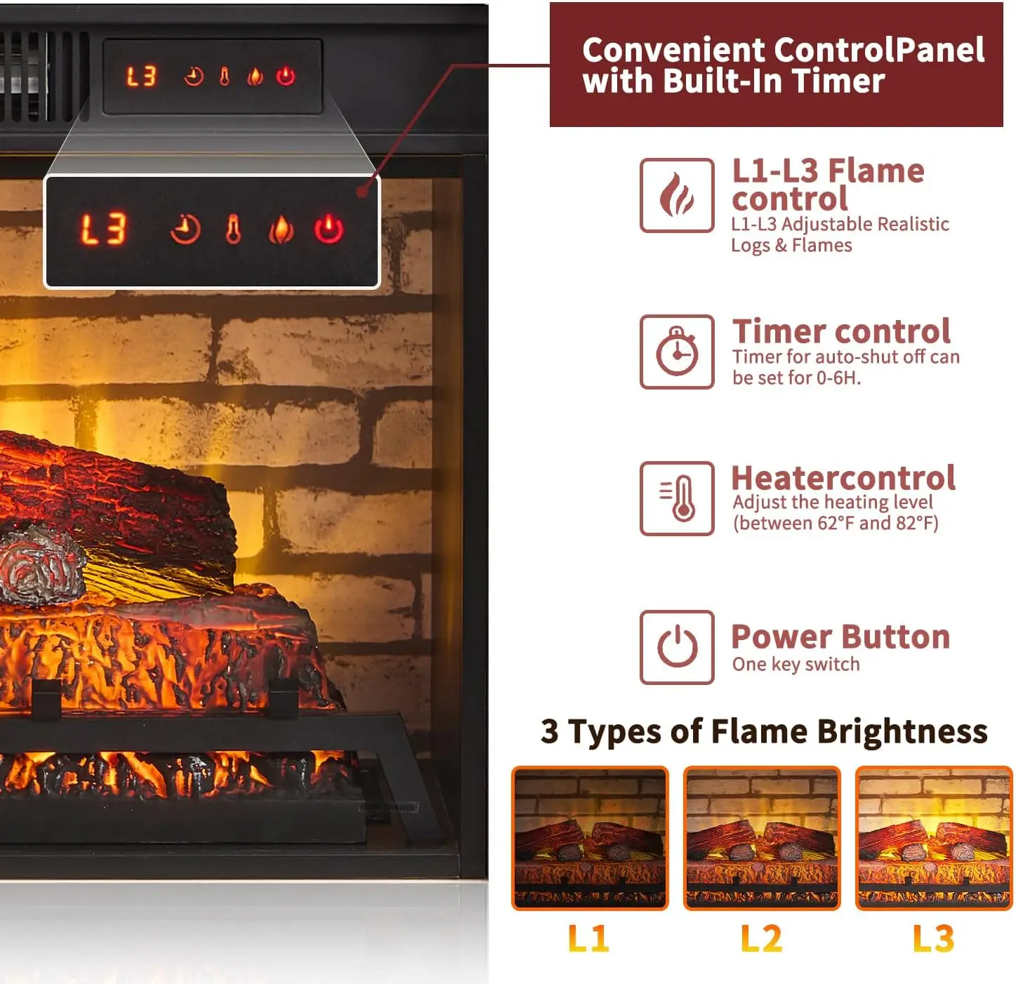 42" Fireplace TV Stand with 23'' Freestanding Electric Fireplace Heater, Remote Control, Adjustable 3D Realistic Flame Level 5