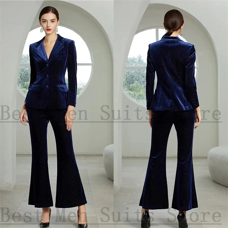 

Blue Velvet Women Suits Set Blazer+Flare Pants 2 Pieces Black Lapel Formal Office Lady Jacket One Button Prom Dress Custom Made