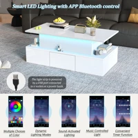 Table basse pliable, avec LED, 4 tiroirs et rangement dissimulé, finition brillante, pour le salon, usage quotidien, MDF – blanc 3