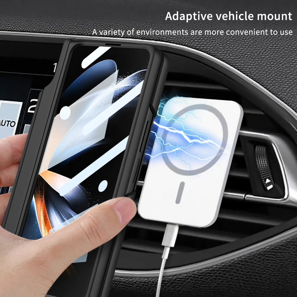 For Samsung Galaxy Z Fold 4 5G Magsafe Wireless Charging Magnetic Hinge Pen Holder Bracket Case with Glass Film Matte Hard Cover