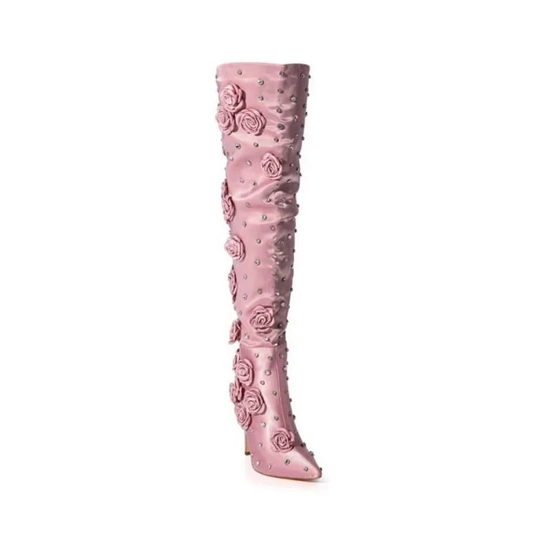 

2023 Women's Pointed Toe High Heel Boots Elegant Flower Decor Boots Stiletto Gems Sequin Ladies Boots Women Shoes 44