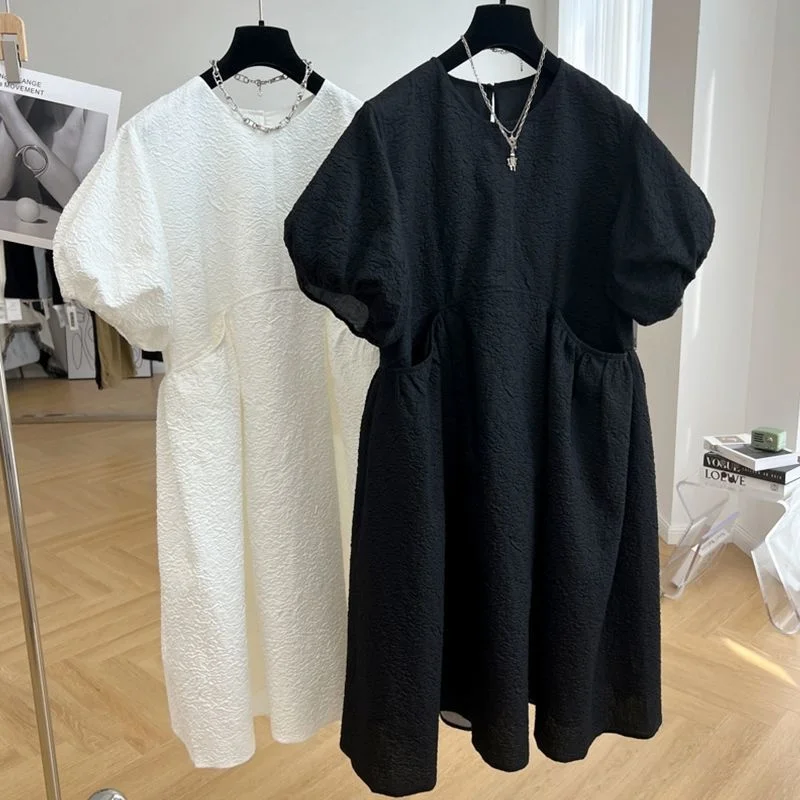 

Женское жаккардовое платье с коротким рукавом-фонариком, черное или белое свободное Повседневное платье большого размера во французском стиле на лето
