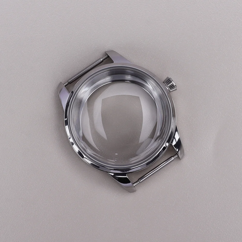 Elegant Stainless Steel Watch Case with Arched Glass and Transparent Back - Available in Silver, Gold, and Rose Gold Finishes