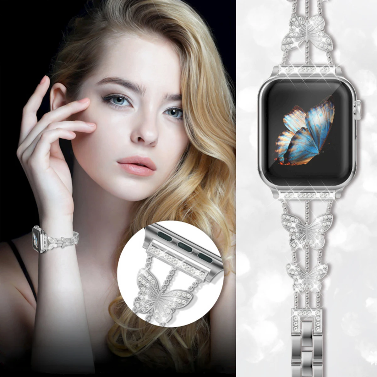 Elegant Butterfly Strap with Diamond Accents - Women's Metal Bracelet
