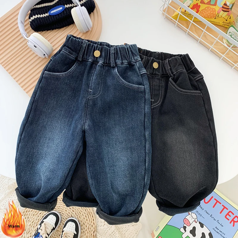 

Thick Velvet Lined Kids Jeans Harem Trousers Korean Winter Elastic High Waist Boys Vaqueros Pantalones Fleece Children Jeansy