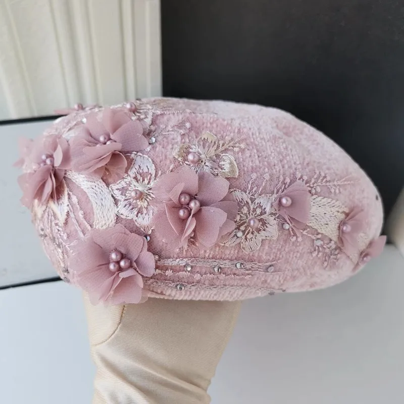 

202309-KX ins chic French young girl Pink Chenille fabric lace flower lady beret cap women Leisure painter hat