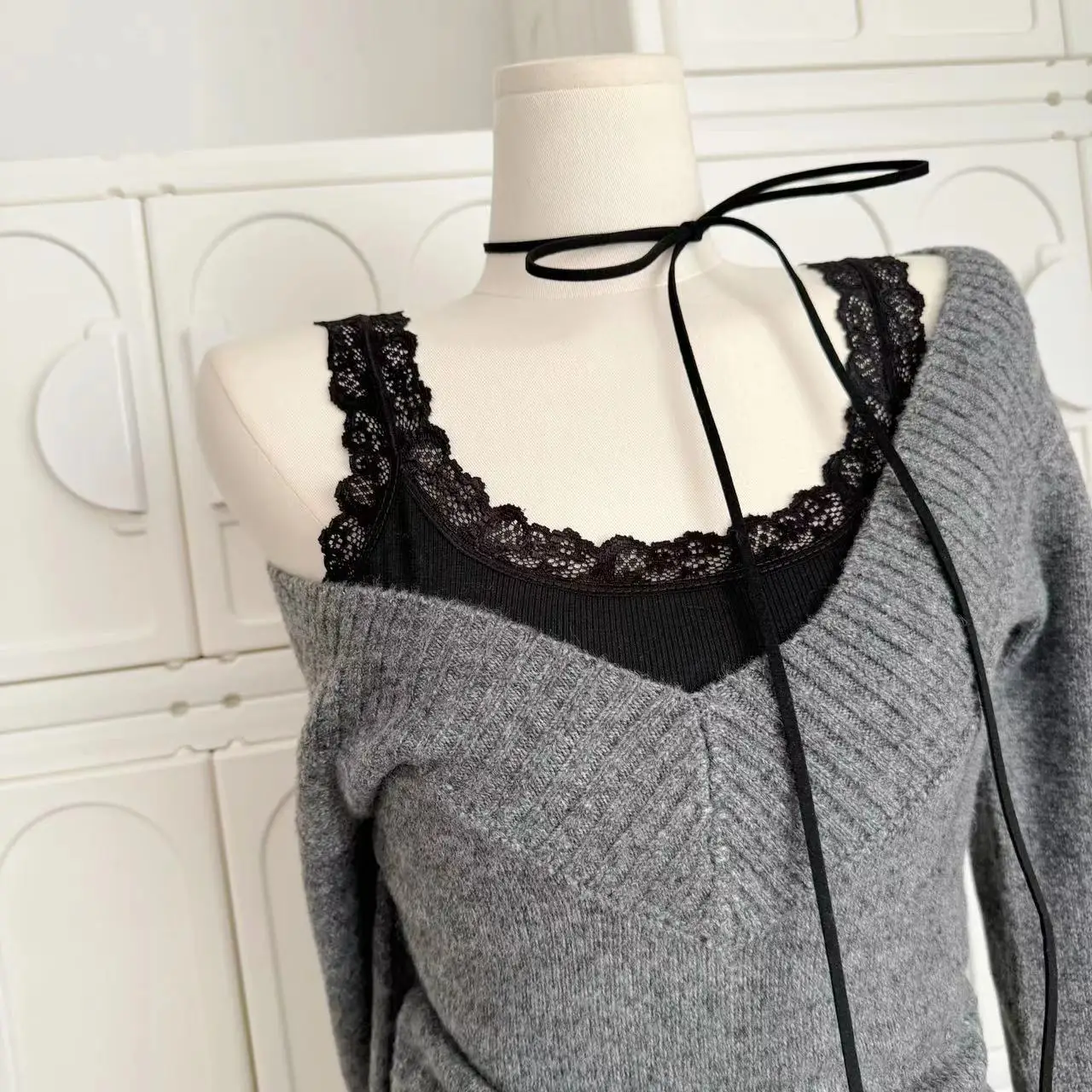 Autumn Winter Woman Gyaru V-neck French Vintage Sweater Long Sleeve Pullover Knitwear Mini Skirt 2000s Aesthetic 3-piece Outfits