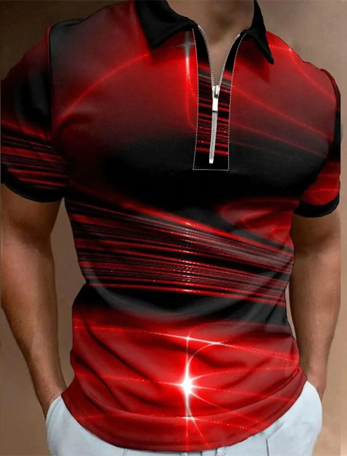 

Streamer Graphic 3D Prints Turndown Men's Golf Shirts Polo Casual Trend Zip Short Sleeve Zipper Summer Regular Polo Shirts