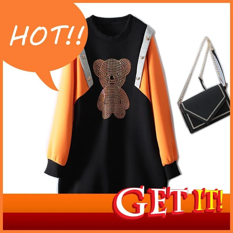 

Dress Female 2023 European Guardian Autumn And Winter Hot Diamond Cartoon Bear Double-breasted Mid-length Loose Women Dresses