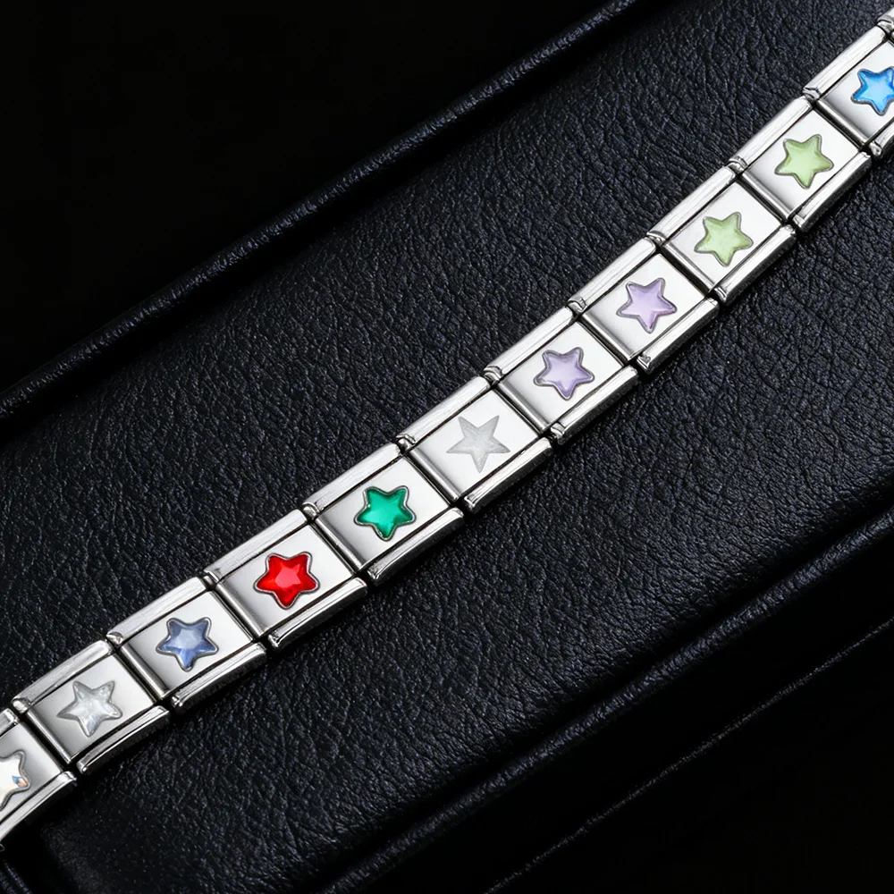 Modedesign Bunte Pentagramm Strass Charm Link passen 9mm Edelstahl Schmuck Geschenke Herstellung Italienisches Armband DIY Perlen – Detail 3