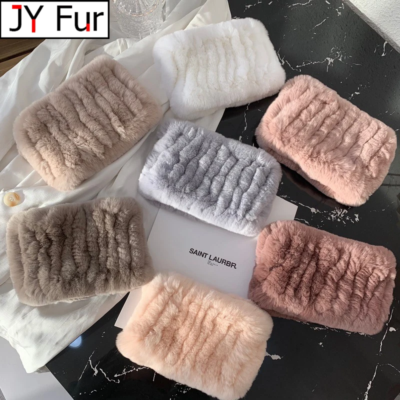 Fur Scarf Accessory Women Real Fur Handmade Stretch Fur Scarf Knit Genuine Rex Rabbit Headbands Girls Natural Ring Cowl Snood Scarves Winter