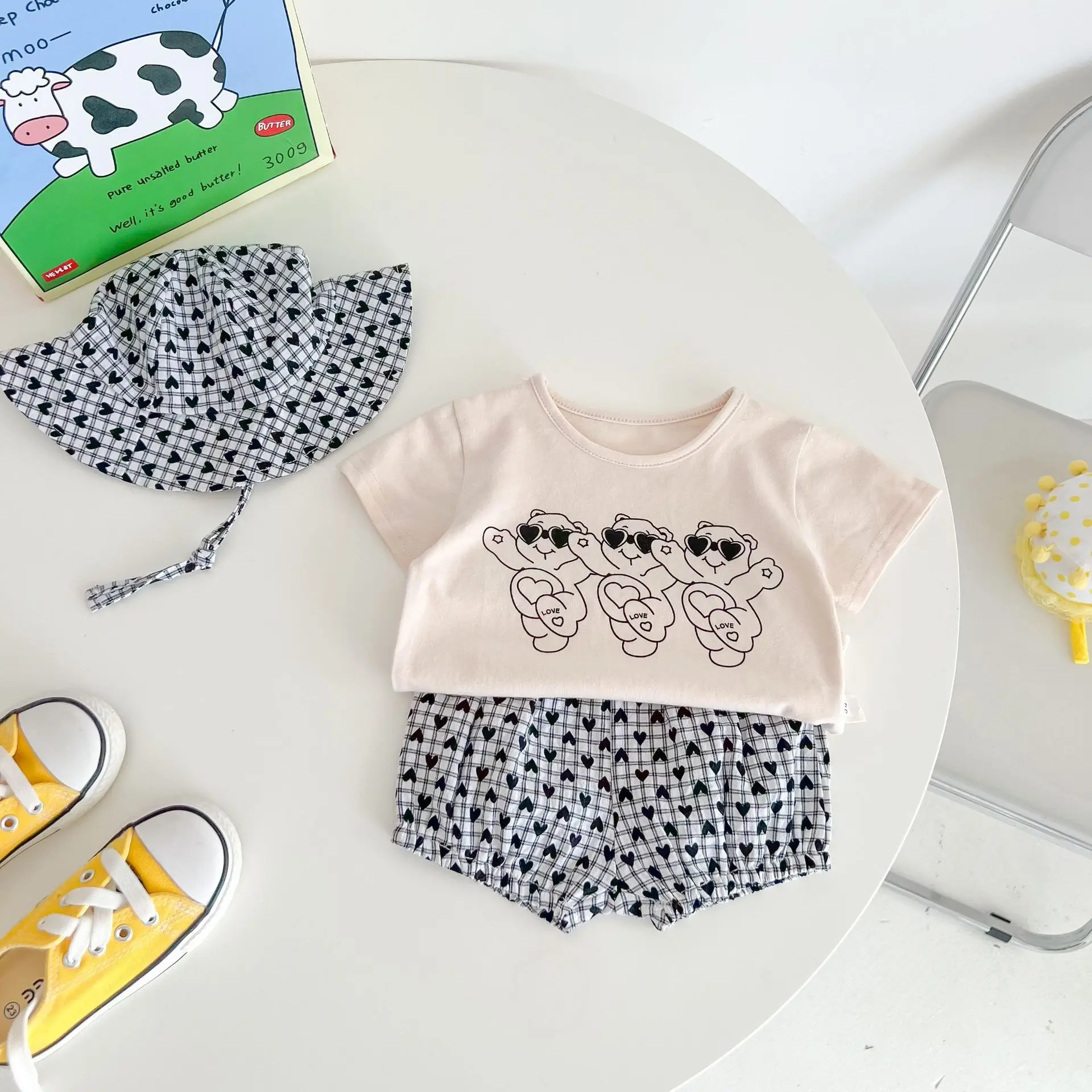 2022 Summer New Baby Short Sleeve Clothes Set Kids Girl Cute Bear Print T Shirt + Shorts + Hat 3pcs Set Infant Boy Outfits Suit Baby Clothing Set best of sale