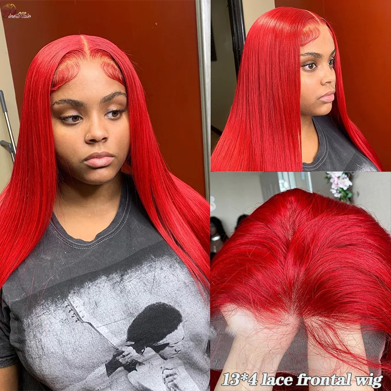 레드 13X6 레이스 프론트 인모 가발, 프리 플러킹된 13X4 스트레이트 투명 레이스 프론탈 가발, 버건디 99J 레이스 프론트 가발 (여성용)