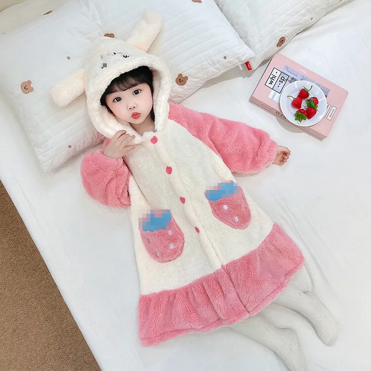 Autumn Winter 1-8Y Girls Flannel Pajamas Cartoon Hat Ear Spliced Kids Girls Robe Strawberry Pocket Warm Toddler Loungewear