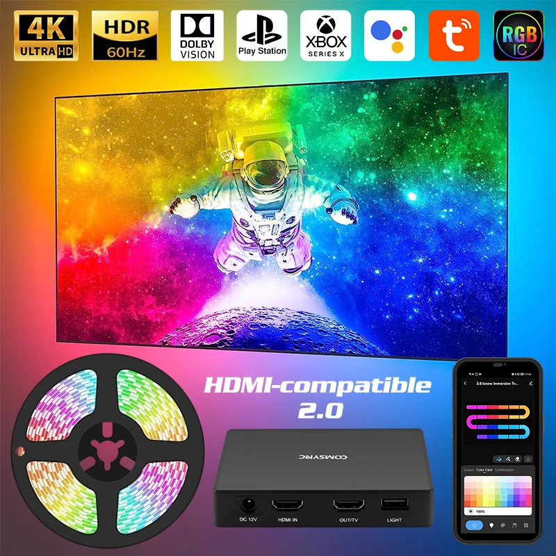 

RGBIC TV Smart Ambient Backlight Led Strip Light 4K Device Box WiFi Bluetooth Control Screen Color Sync Gaming Screen Decoration