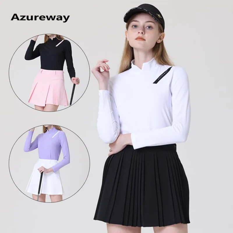 azureway-female-stand-v-neck-golf-shirt-full-sleeve-fashion-tops-lady-slim-pleated-skirt-casual-a-lined-pantskirt-golf-apparel