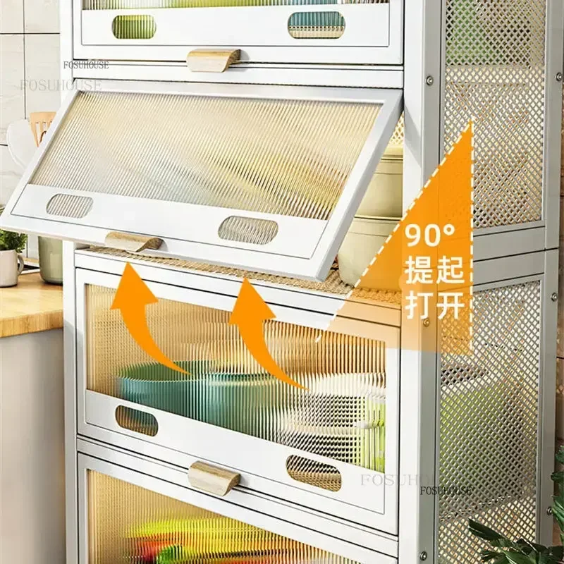 Multi-layer Carbon Steel Kitchen Cabinets Home Floor Racks Cupboard Locker Nordic Microwave Storage Cabinets with Acrylic Doors