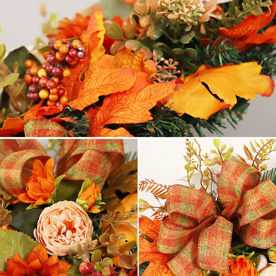 Ghirlanda Decorativa Per Porta D'ingresso Autunnale – Con Zucche, Pigne, Foglie D'acero E Bacche – Ø 35-60 Cm