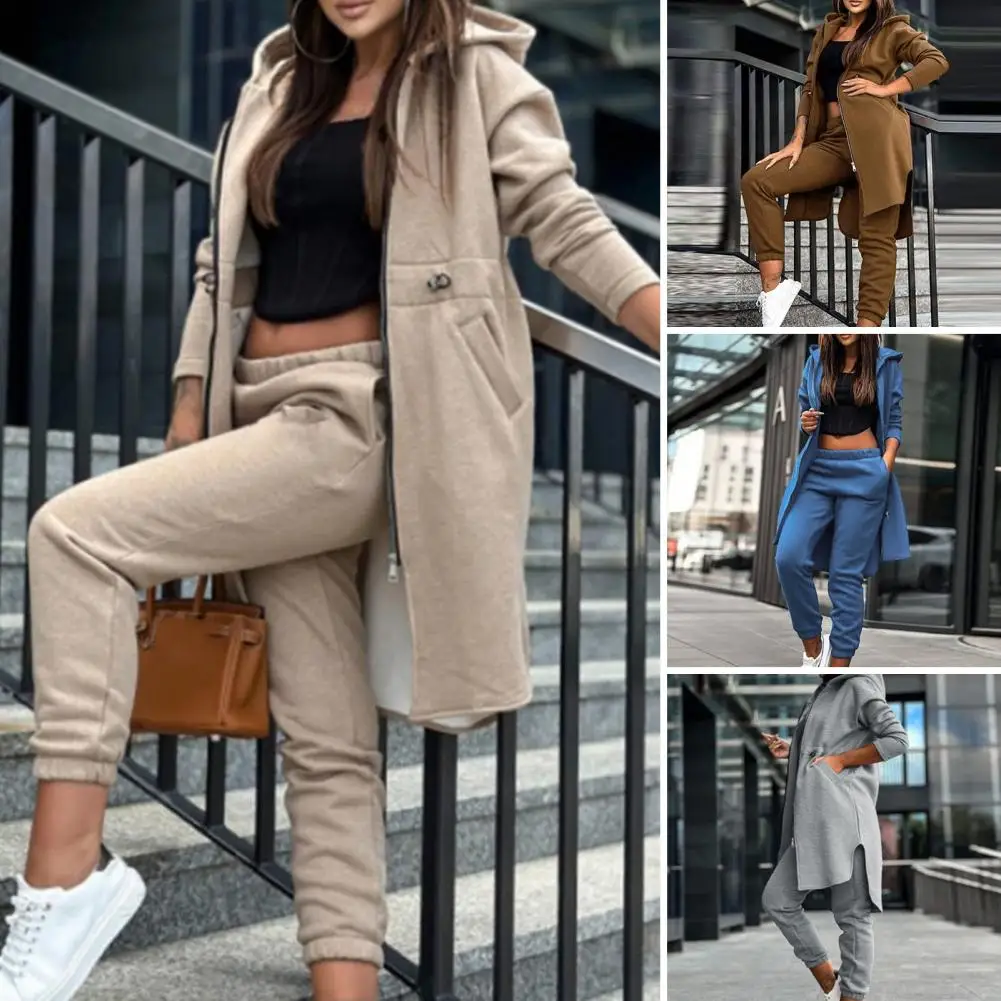 

Two Piece Set Women Outfit Autumn Fashion Zipper Pocket Design Long Sleeve Longline Slit Hooded Coat & Casual Cuffed Pants Set