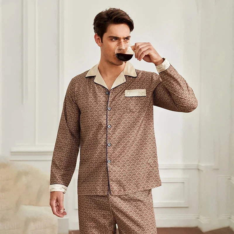 Spring And Autumn Men's Pajamas Sets Silk Long-sleeved Sleepwear Ice Silk Plus Size Home Clothing Pyjamas Suit Home Wear