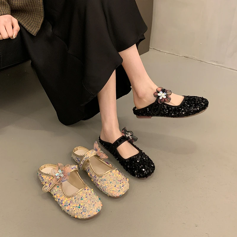

Baotou slippers women's shoes 2024 new summer sequin high-end French flower versatile women's half slippers for external wear