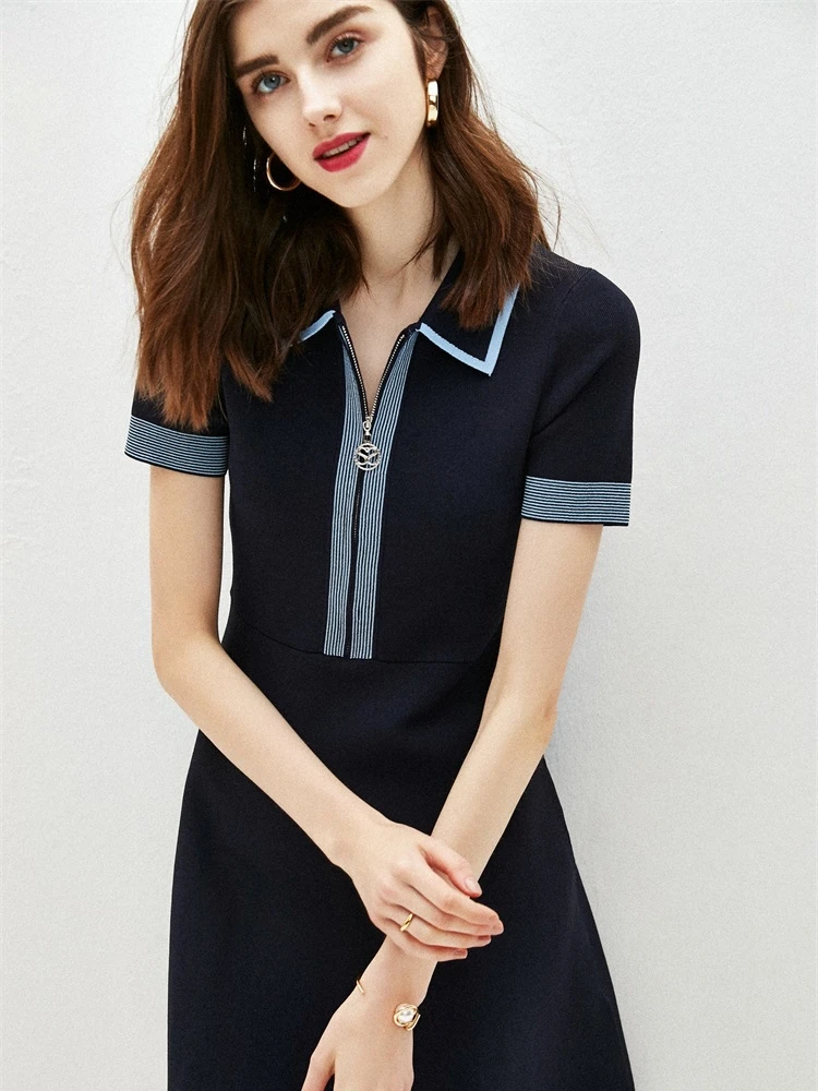 

Knit A-line Skirt 2022 Summer New Color Matching Polo Collar Dark Blue High Waist Slim Short Sleeve Elegant Dress Women