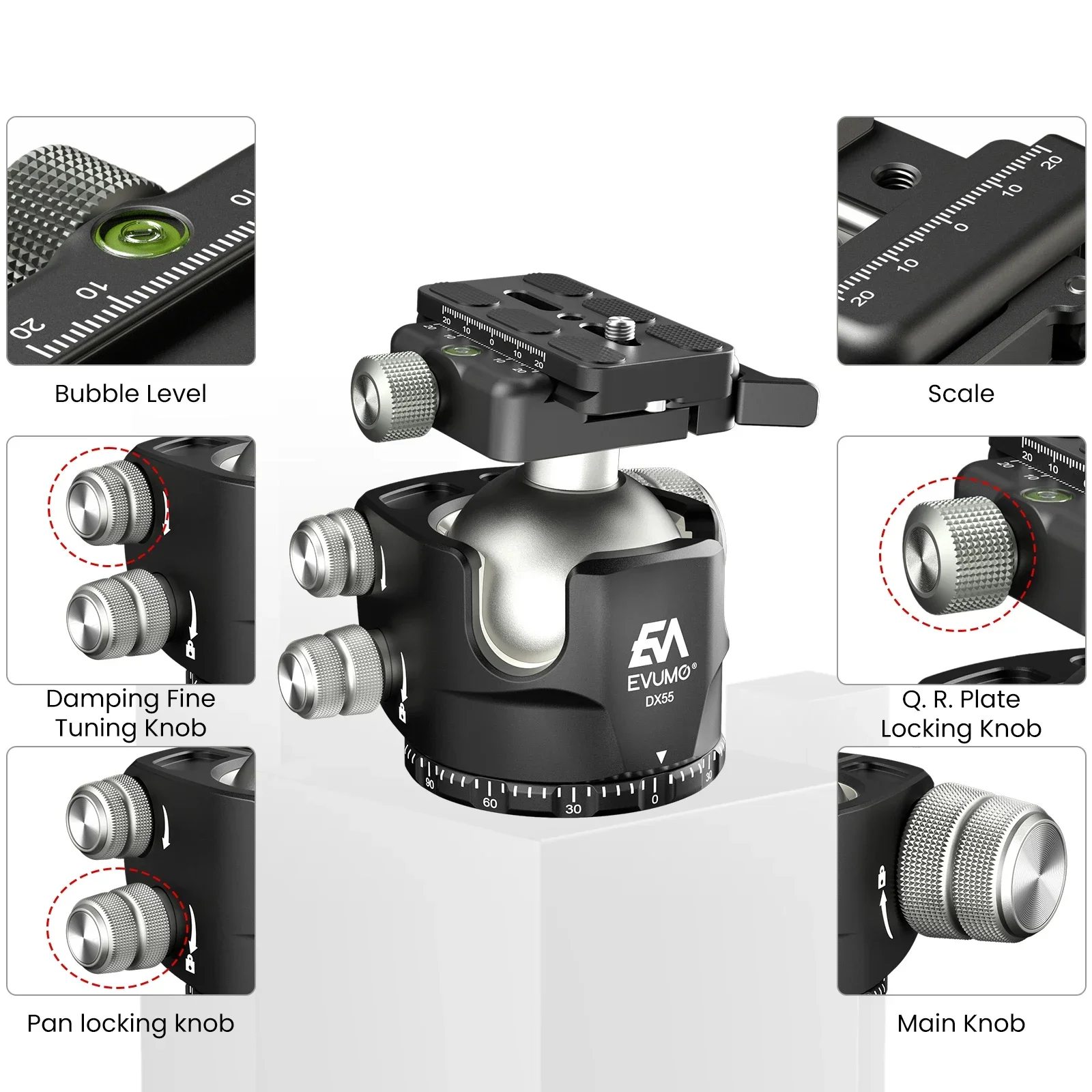 EVUMO DX55-P Professional Tripod Ball Head 55MM Panoramic Ball For Seamless 360&deg; Shooting Picatinny/Arca Swiss Mount Load 40kg