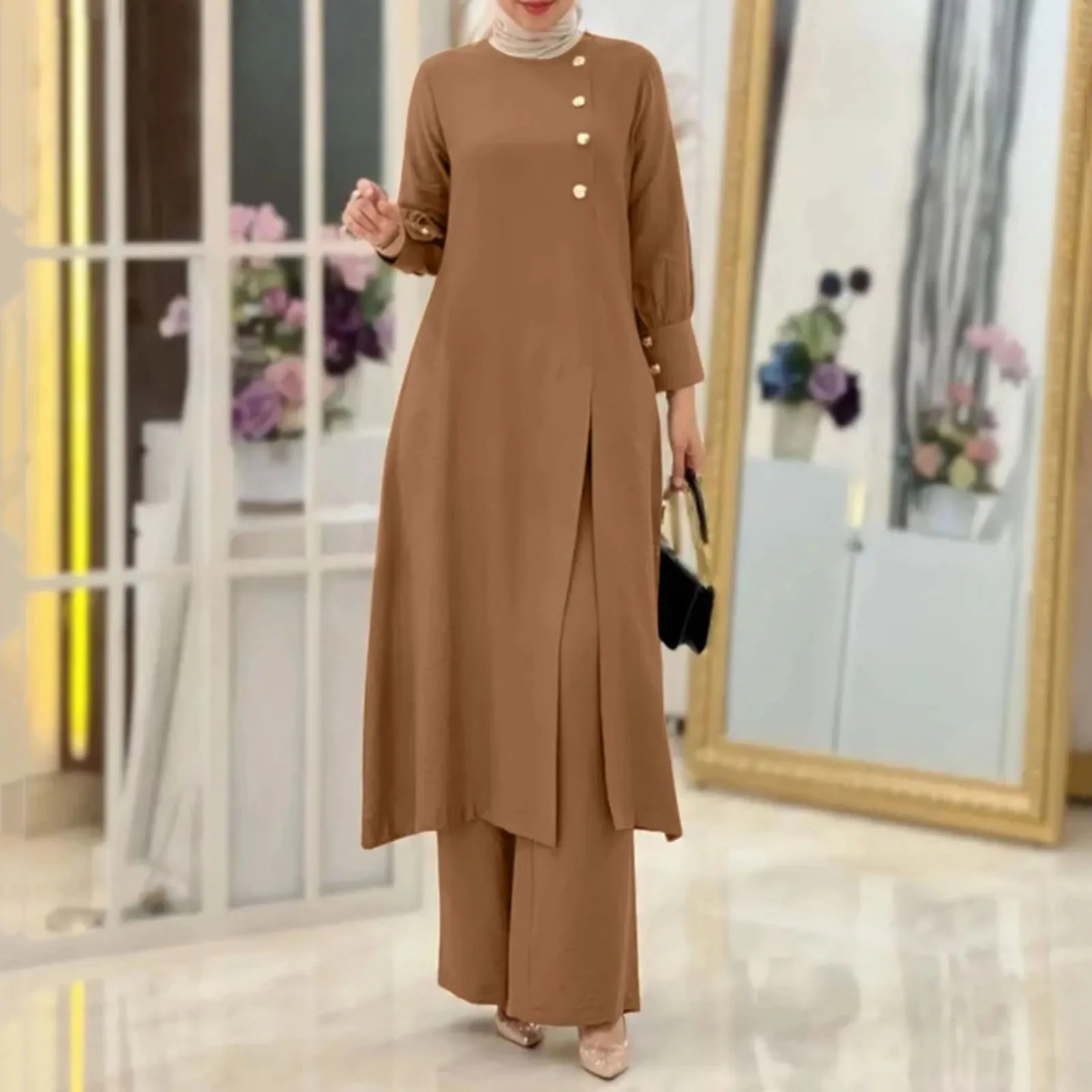 

New Abaya Under Dress Long Sleeve With Pockets High Quality 2pc EID Muslim Women Basic Solid Modest Maxi Islamic Clothing