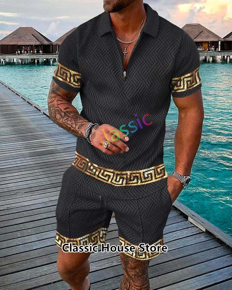Fashion Men's Tracksuit Summer Short Sleeve Polo Shirt Set Turn Down Business Outfits Men Clothing 2Piece Casual Suit Streetwear