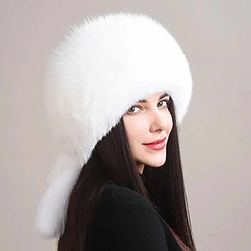 2025 Hot Sale Winter Women Fox Fur Hat Fluffy Soviet Female Outdoor Warm Cap Snow Fur Hats 5 tails Real Fox Cold Bomber Hats