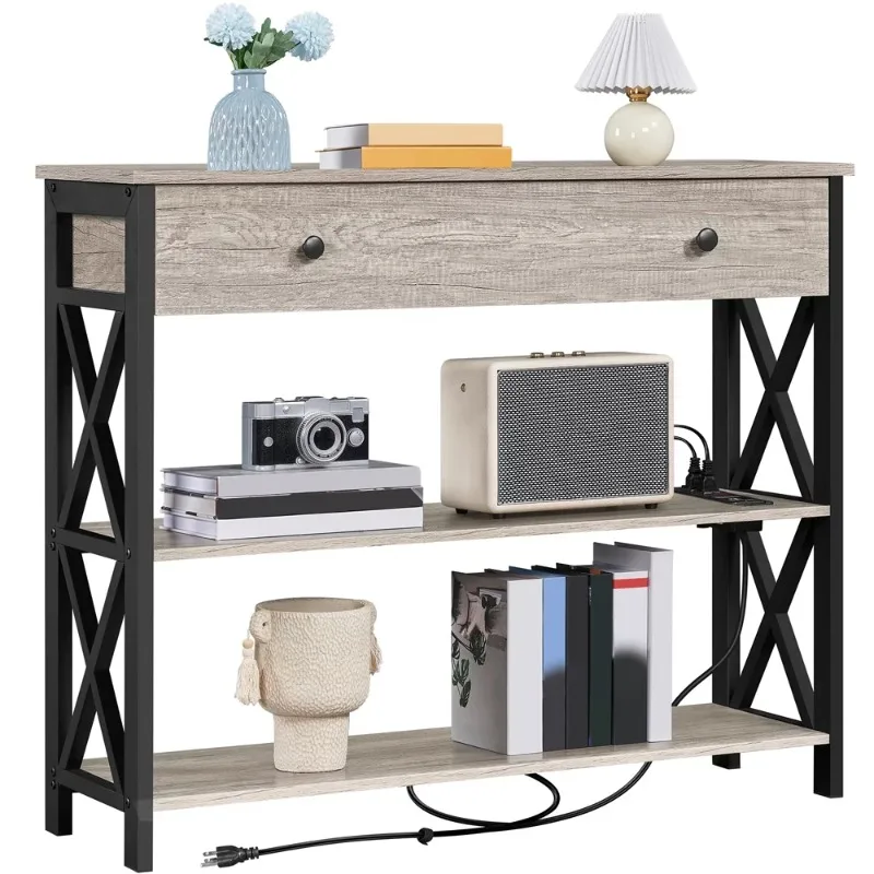 

SMILE MART Vintage Wooden Console Table with Power Outlet for Entryway, Gray
