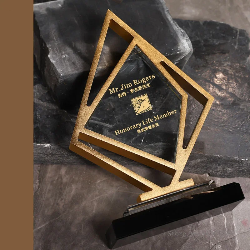 Customized Personalized Metal Geometric Shape Base Crystal Trophy, Electroplating Gold Award Event Souvenir Home Decoration, 1Pc