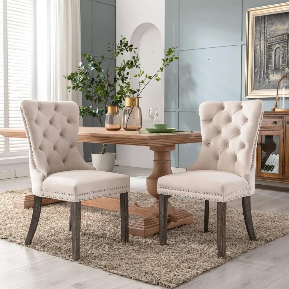 Velvet Dining Chairs Set of 4, Upholstered High-end Tufted Dining Room Chair with Nailhead Back Ring Pull Trim Solid Wood Legs 2