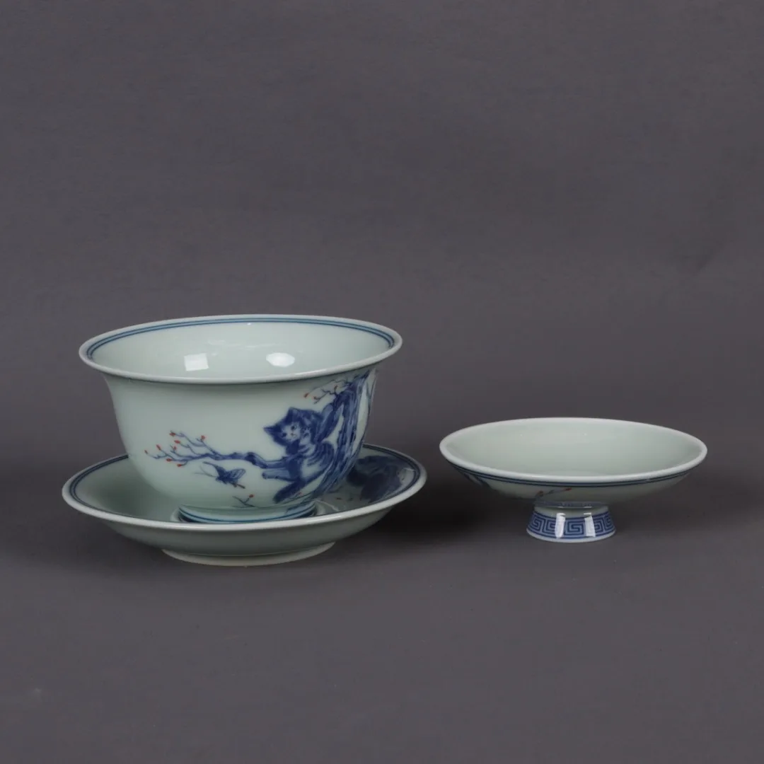 Blue And White Underglaze Red Lucky Cat Patterned Cover Bowl Chinese Style Retro Home Decoration Ornaments 4