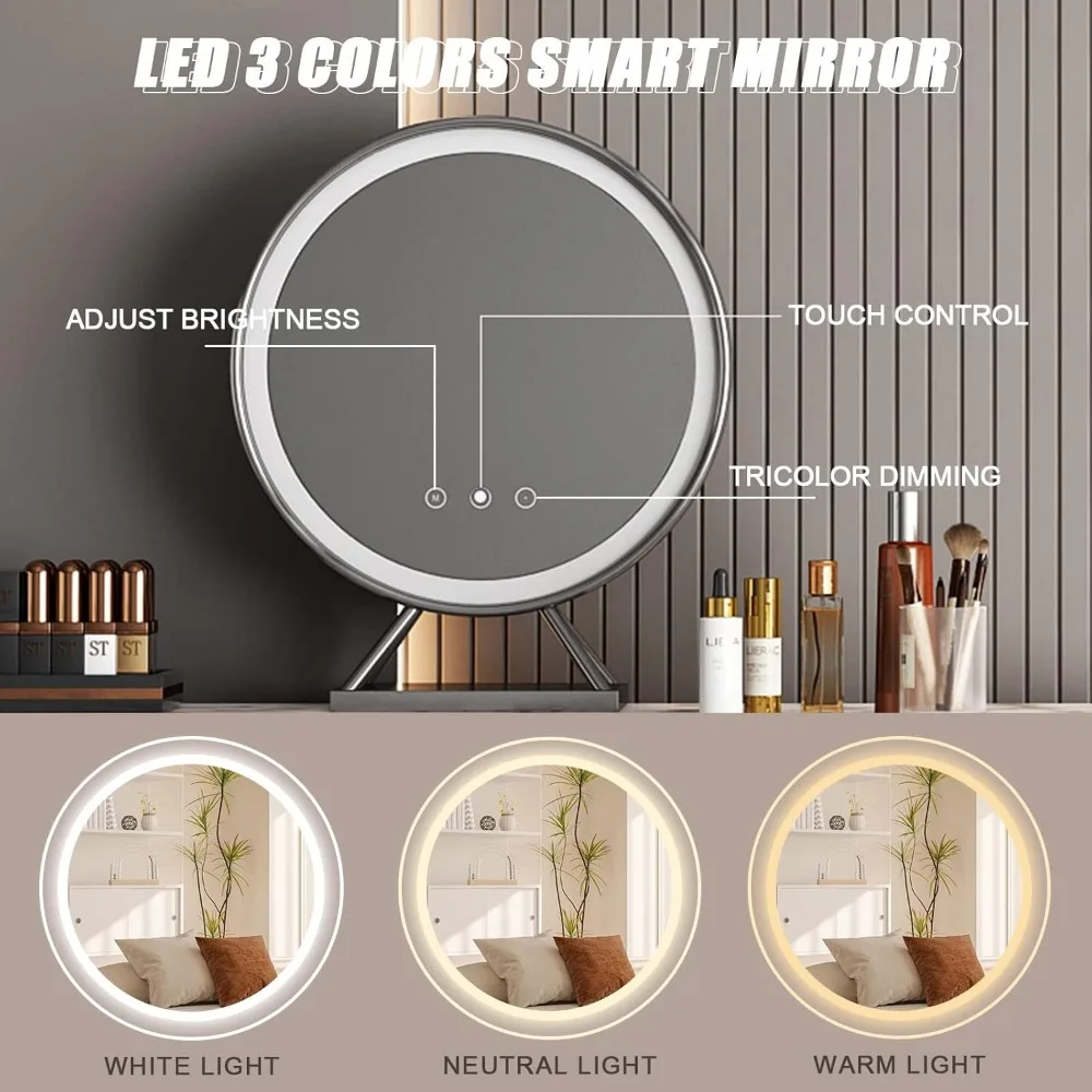 Makeup Vanity Table with Microfiber Leather Chair and Side Cabinet and Lights Mirror, Makeup Vanity with 4 Drawers, Vanity Set 4