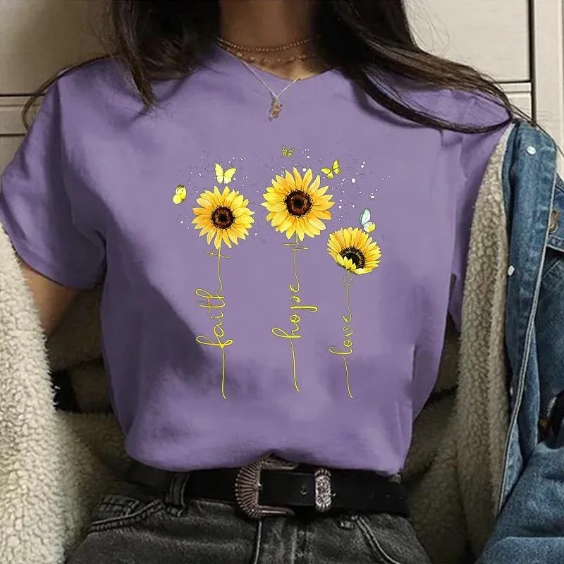 

Short Sleeve T Shirt Women's New Fashion Hope Love Faith Sunflower Pattern Printed T-Shirt Women's Street Cool Round Neck Top