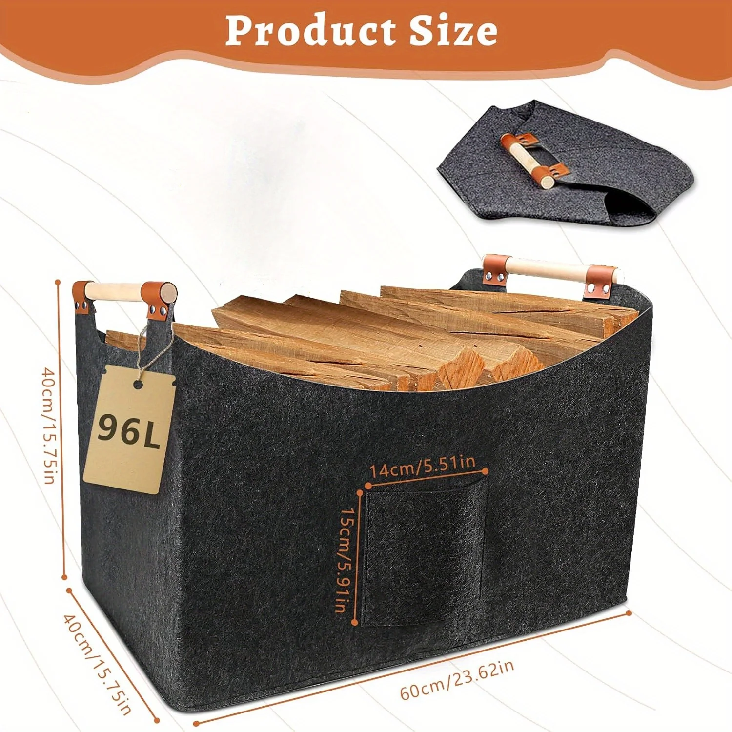 XXL Foldable Firewood Basket with Fleece Lining & Wooden Handles 3