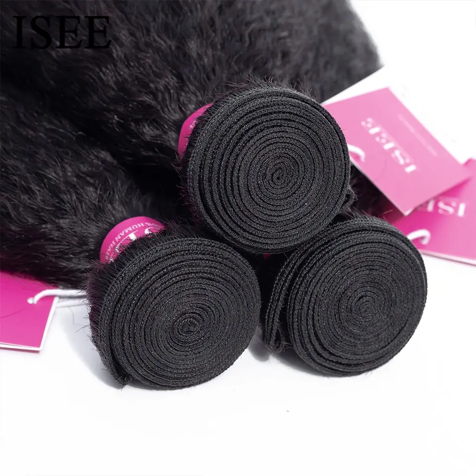 ISEE HAIR Mongolian Kinky Straight Bundles 100% Human Hair Extensions 100% 1/3/4 Bundles Deal Remy Natural Hair Bundles 4