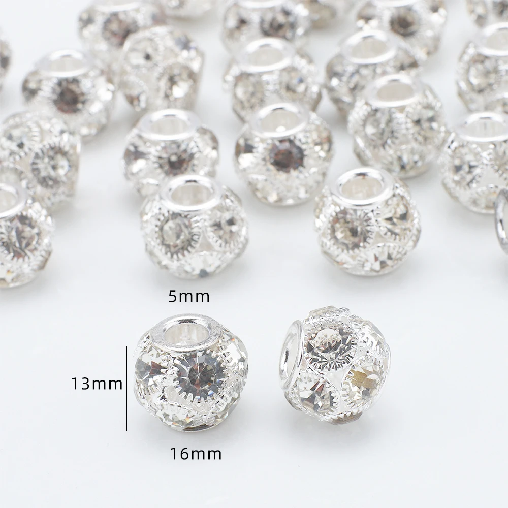 5Pcs 16mm 라운드 스페이서 비즈 유리 라인 석 크리스탈 큰 구멍 DIY 팔찌 목걸이 쥬얼리 액세서리 만들기