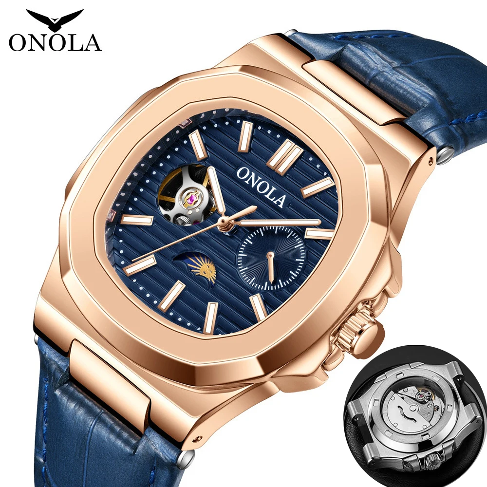 

2024 Hot ONOLA Men's Business Hollow Fully Automatic Mechanical Watch High Quality Waterproof Leather Watches Men's Clock