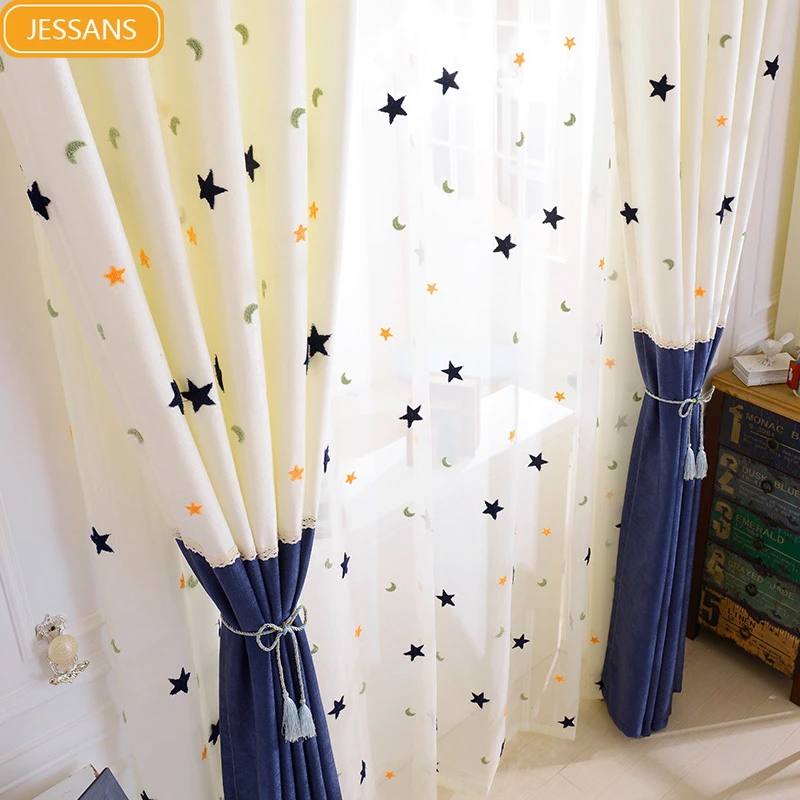 Cortinas con bordado estrella y Luna para niños, visillo de ventana con costura contemporáneo, para habitación de bebé|the curtain|window curtainscurtain room - AliExpress