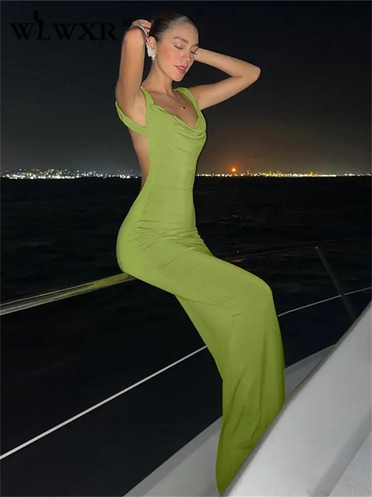 

WLWXR Summer Street Backless Green Bodycon Long Dresses Club Outfits For Women 2023 Cami Black Long Dresses Party Women Clothing