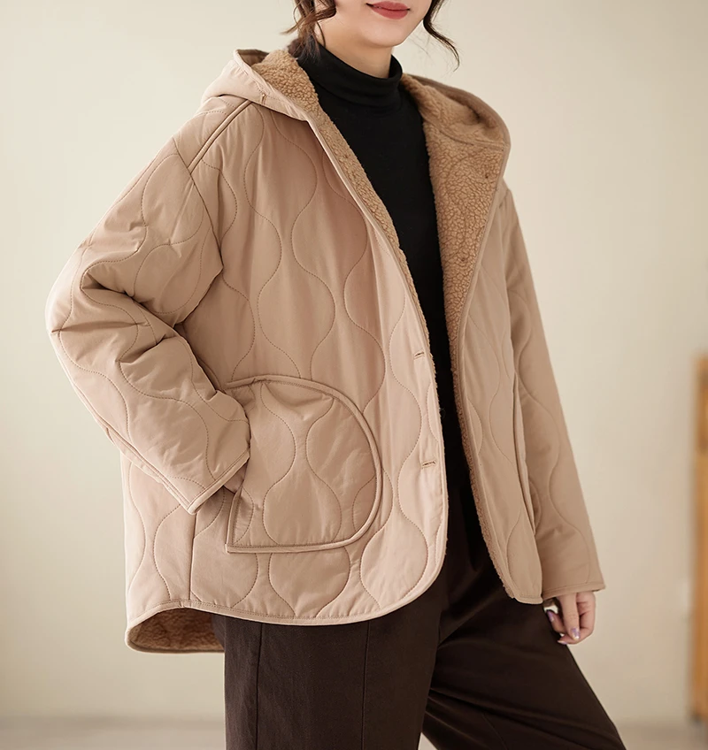 Cotton Women Winter Warm Vintage Single Breasted Coat Casual Loose Hooded Solid Color Elegant Lady New Fashion Jacket Outerwear