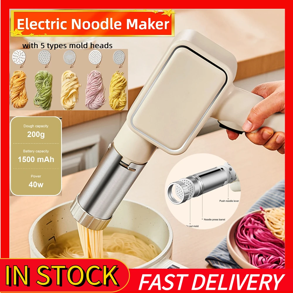 Handheld Pasta Maker Machine with 5 Molds Noodle Maker Machine Automatic Electric Stainless Steel Noodle Maker Kitchen Tools