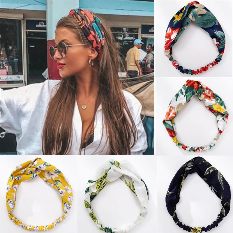 

Women Girls Summer Bohemian Hair Bands Print Headbands Vintage Cross Turban Bandage Bandanas Fashion Hair Accessories Headband