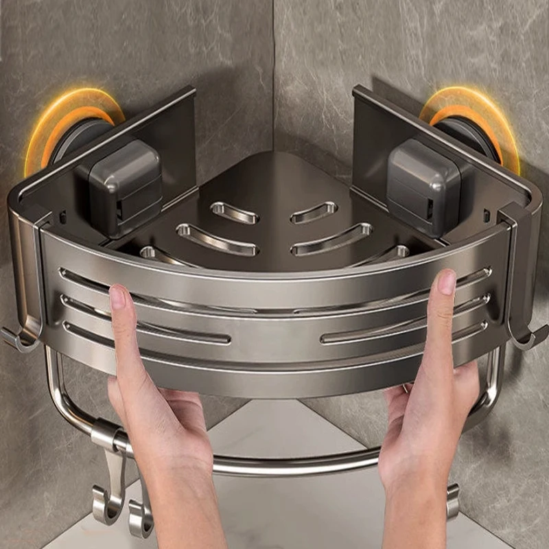 No-Drill Suction Cup Bathroom Suction Shelf Perforation-free Toilet Wall Mounted Shower Gel Triangle Basket Bathroom Shelf_voghion.com