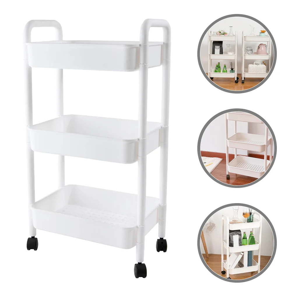 White Two Tier Multi Functional Storage Rack Kitchen Trolley Bathroom Cart With Wheels Mobile Bookshelf Utility Rolling Cart