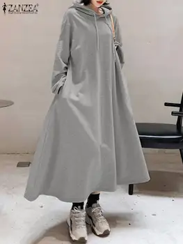 Autumn Sweatshirt Dress ZANZEA Women Winter Hoodies Long Sleeve A-Line Maxi Sundress Casual Hooded Pullover Vestido Oversized